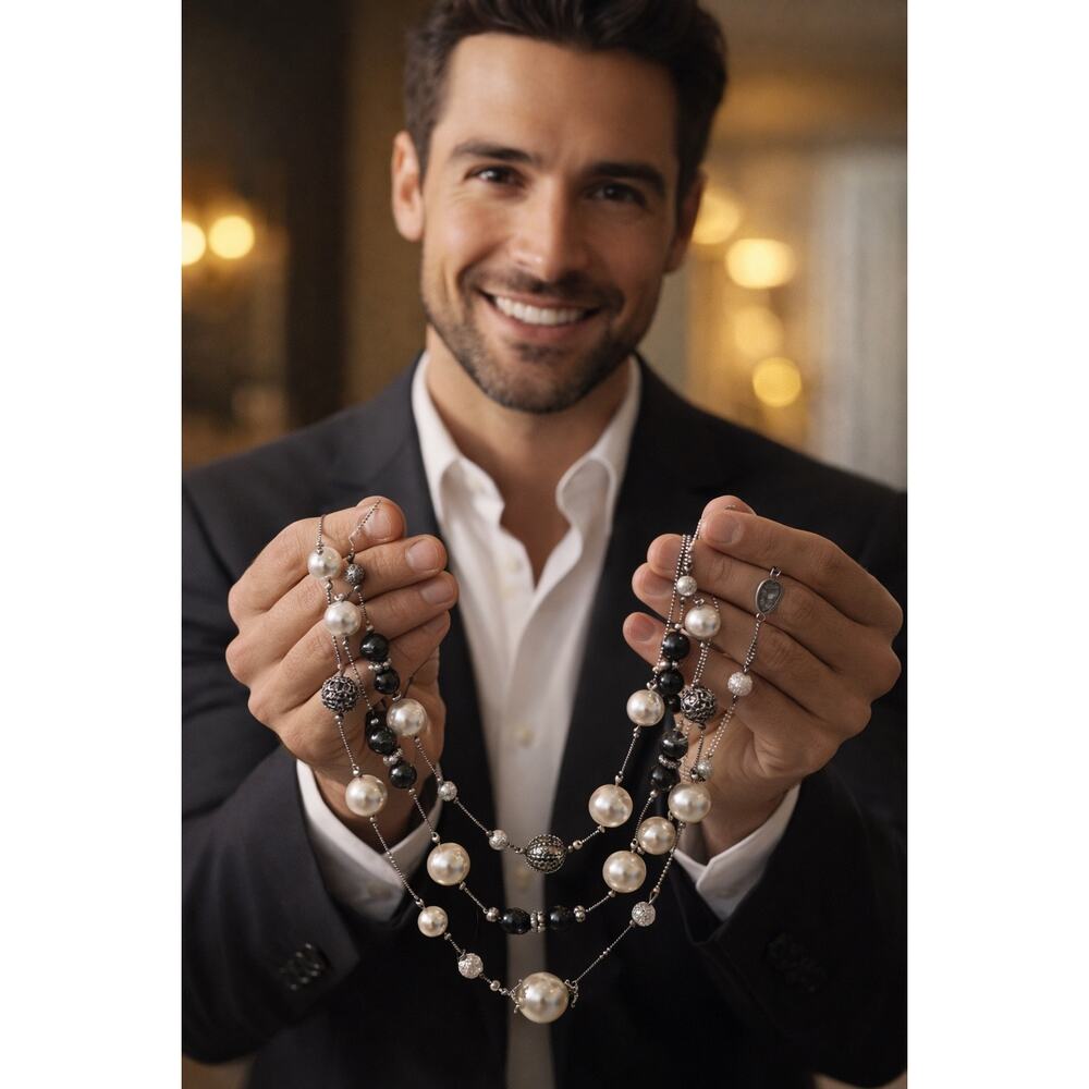 NY & Co Faux Pearl Layered Necklace 3 Strand Silver Gunmetal 19-22”